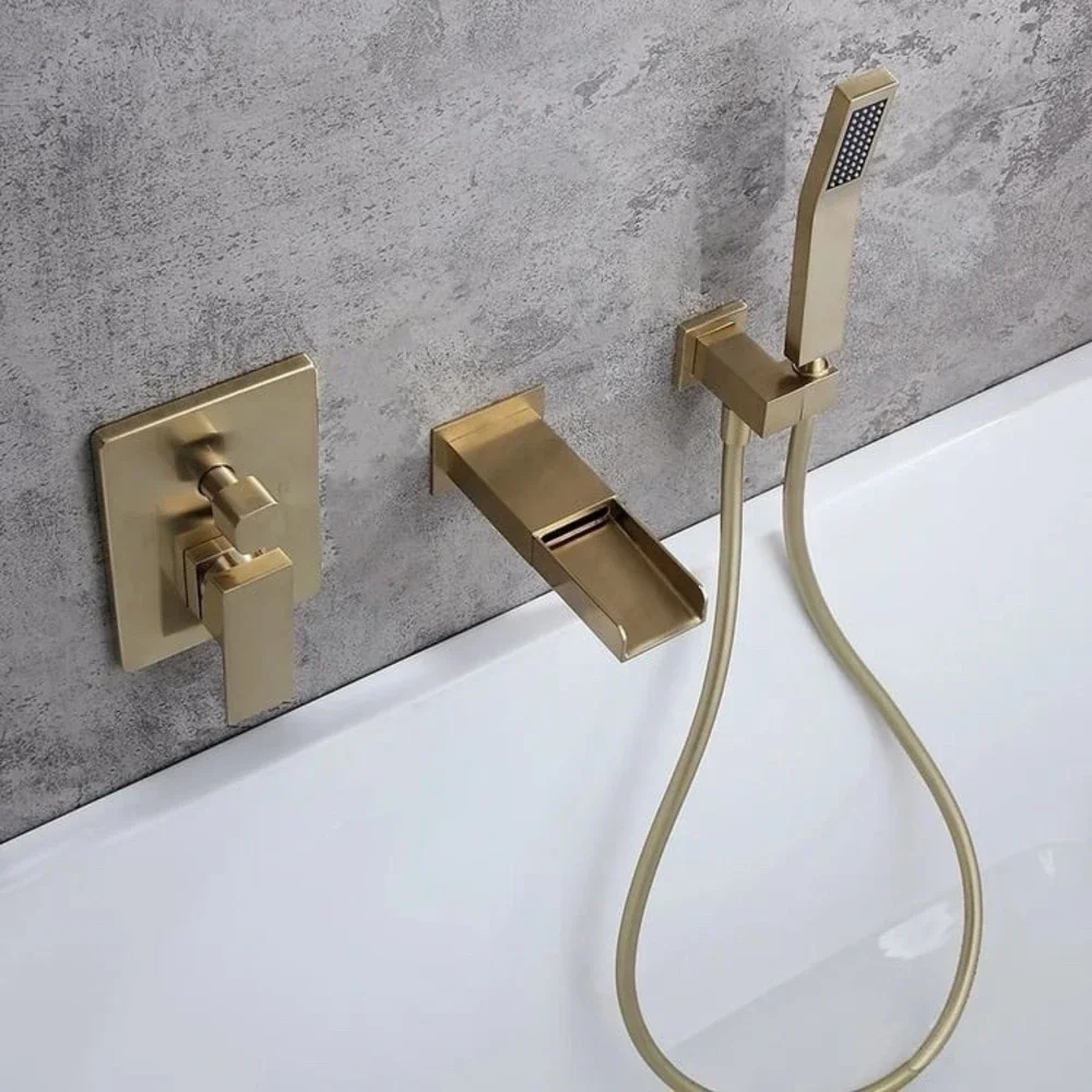 Modern Waterfall Wall-Mount‎ Solid Brass Bathtub Faucet With Handheld Shower